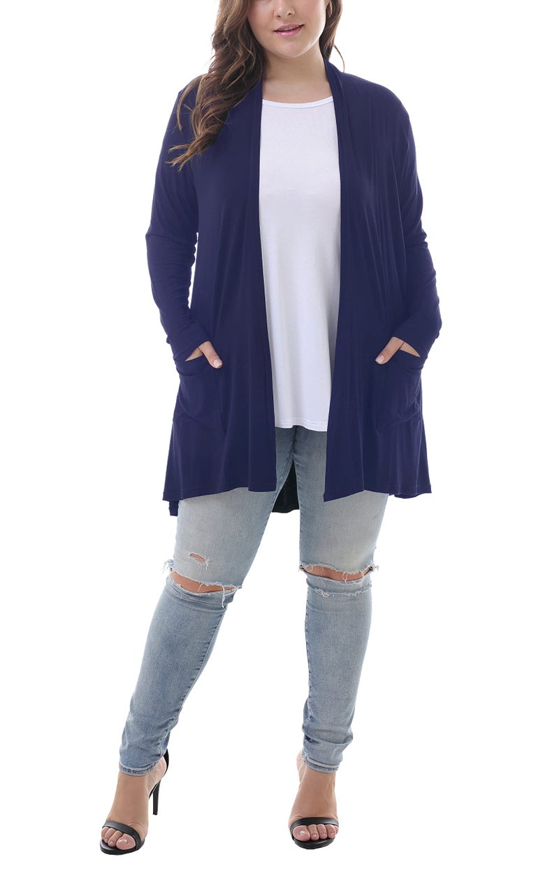 ZERDOCEAN Women's Plus Size Long Sleeve Lightweight Soft Printed Drape Cardigan with Pockets Navy 3X - Image 4